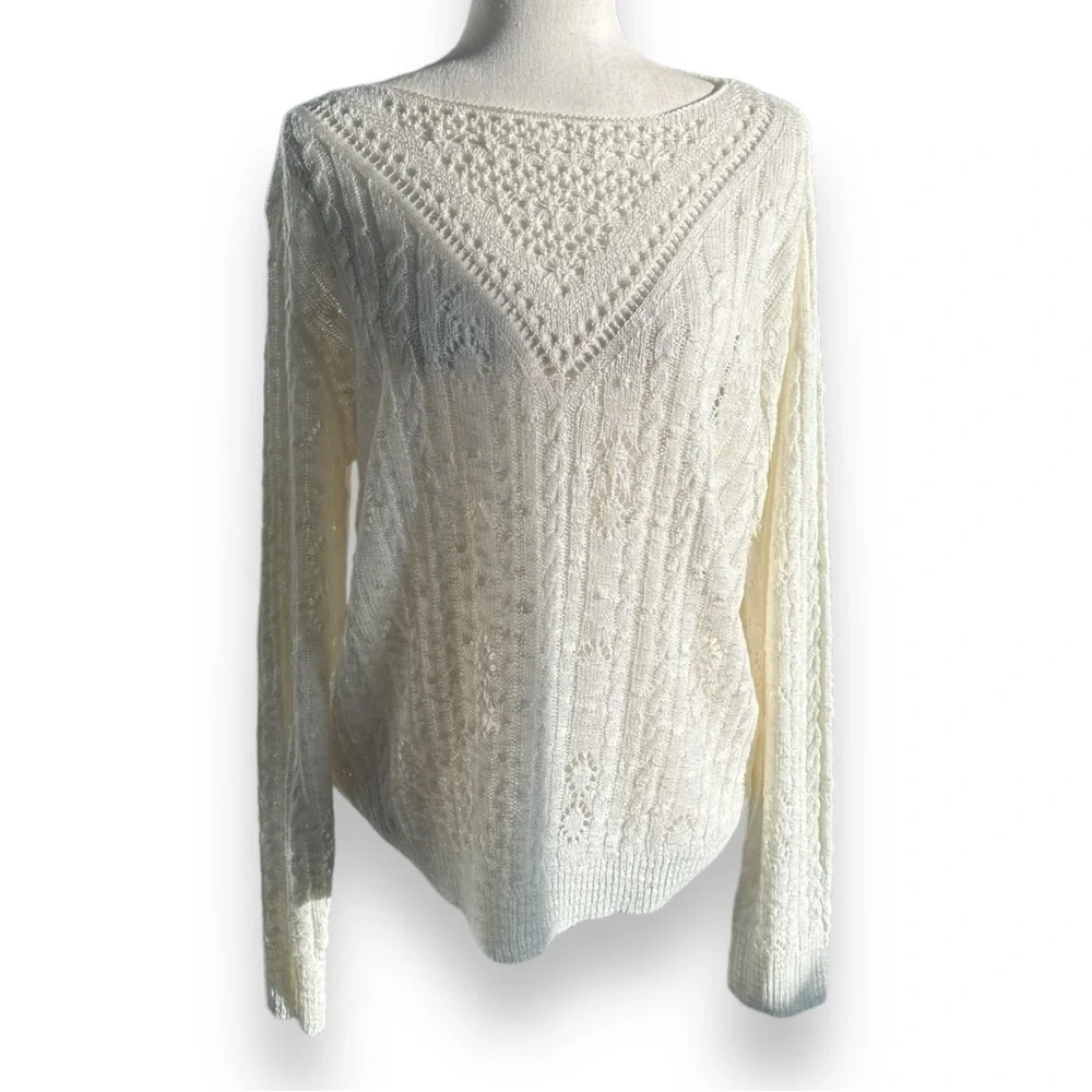 Cream Soft Sheer Cable Knit Sweater - Picture 1 of 14